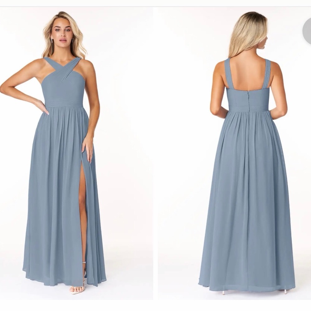 Azazie Dusty Blue Cross-Strap Chiffon Maxi Dress NWT Elvira Dress